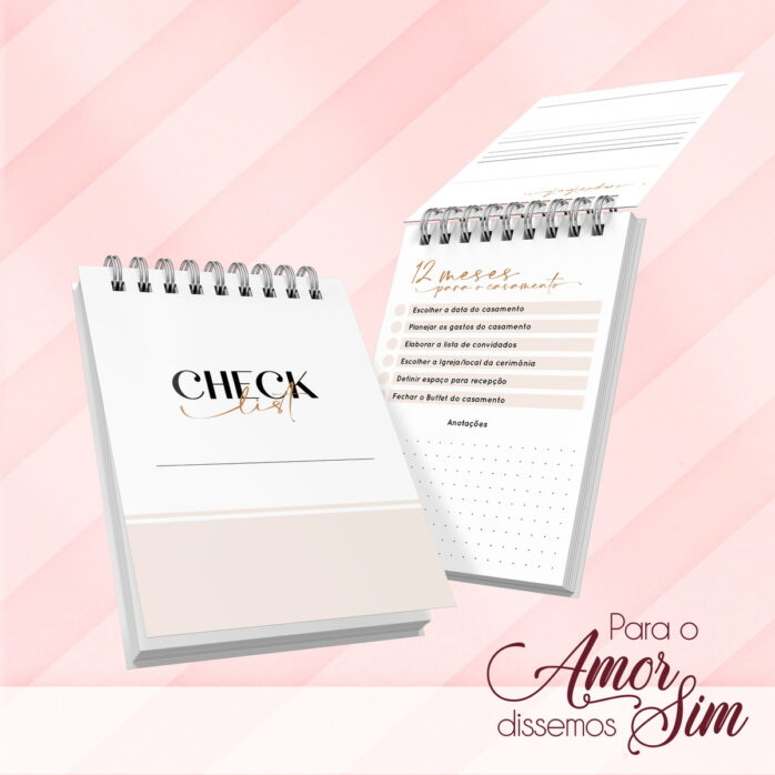 Arte digital de dois planners de casamento com checklist em fundo rosa listrado.
