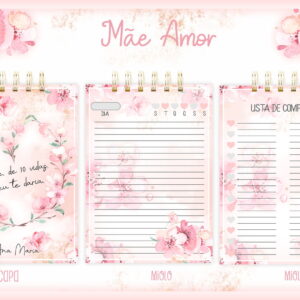 Agenda com capa e páginas decoradas com flores cor de rosa e textos