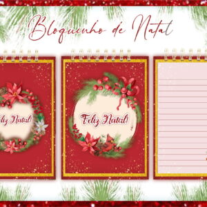 Arte digital de bloquinho de Natal com três designs festivos e elementos natalinos.