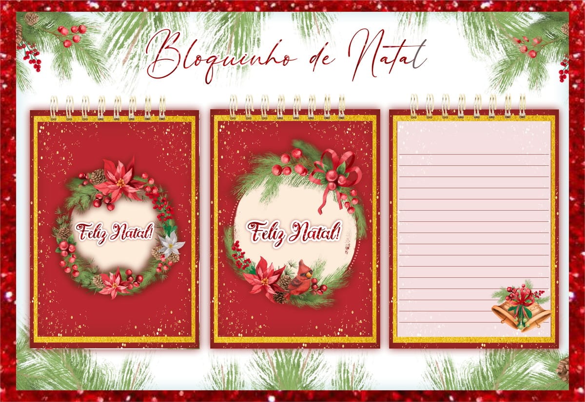 Bloquinho de Natal Digital para Criar Papelaria Festiva 1 Arte digital de bloquinho de Natal com três designs festivos e elementos natalinos.
