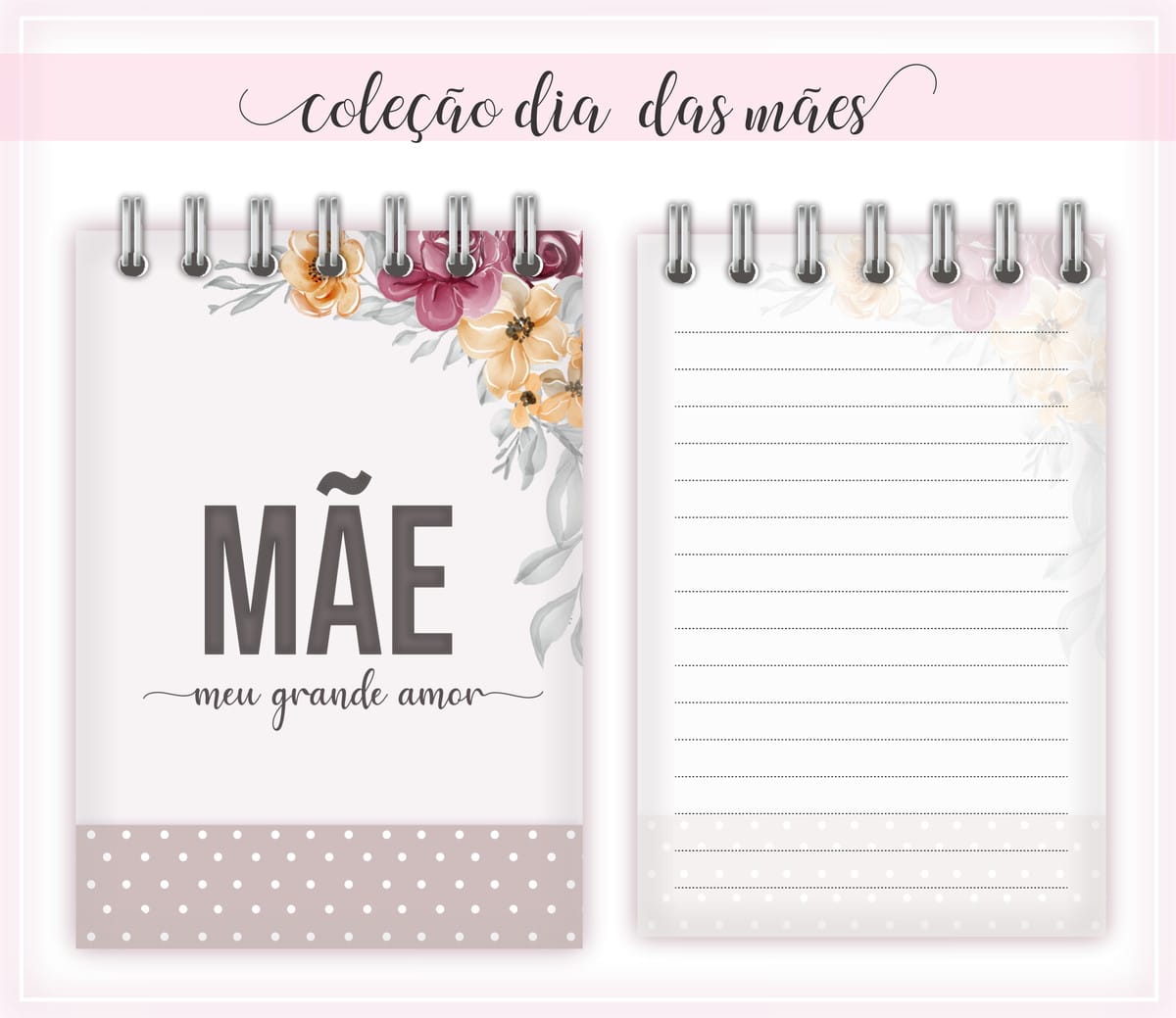 Bloquinho Dia das Mães para Imprimir com Flores em Aquarela 1 Dois cadernos de espiral com estampas de flores em tons de rosa e amarelo.