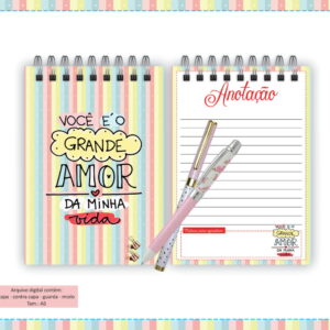 Arte digital de caderno com capa colorida e página interna pautada.