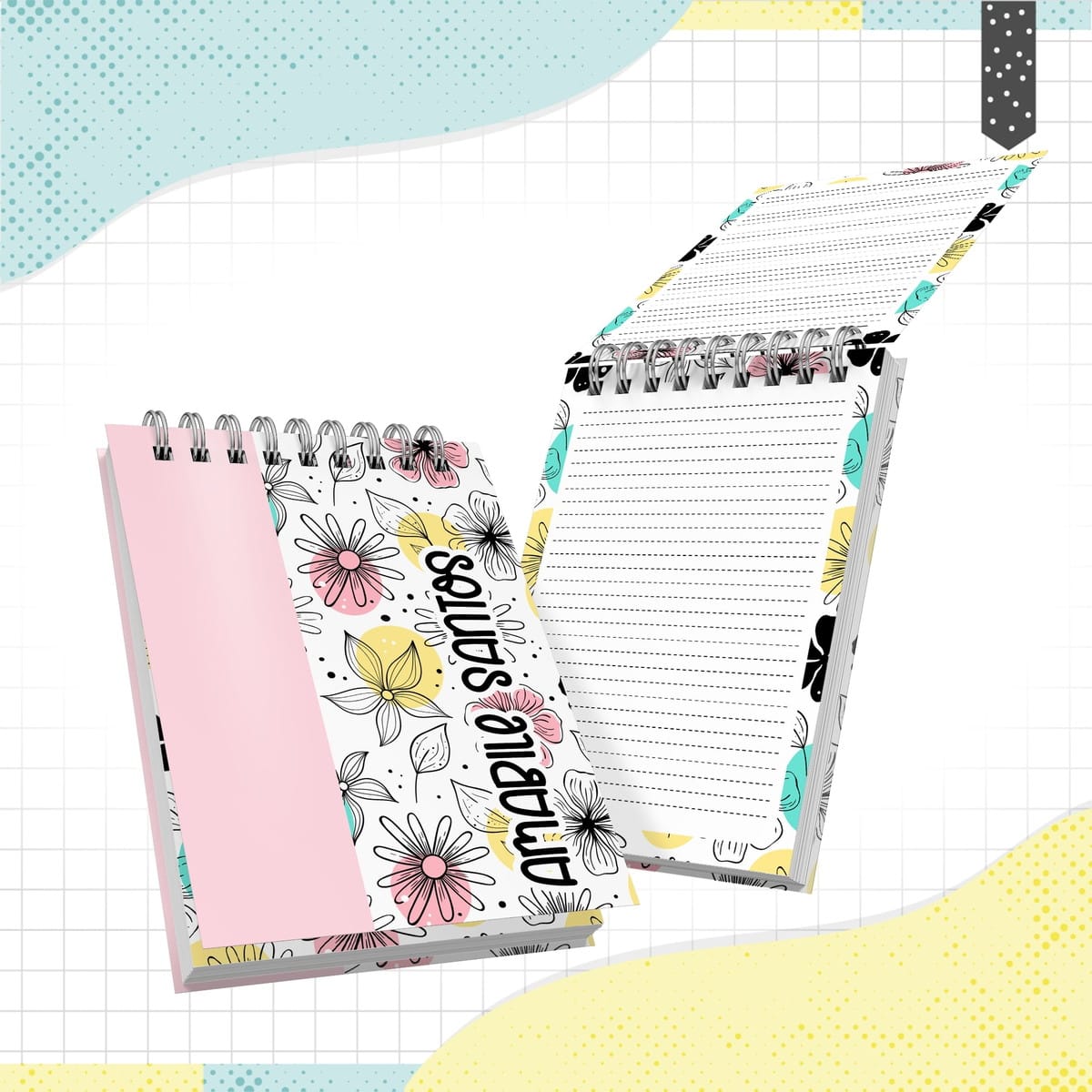Bloquinho Floral A6 Arquivo Digital com Nome Personalizável 1 Dois blocos de notas espiralados com estampa floral colorida em fundo quadriculado.