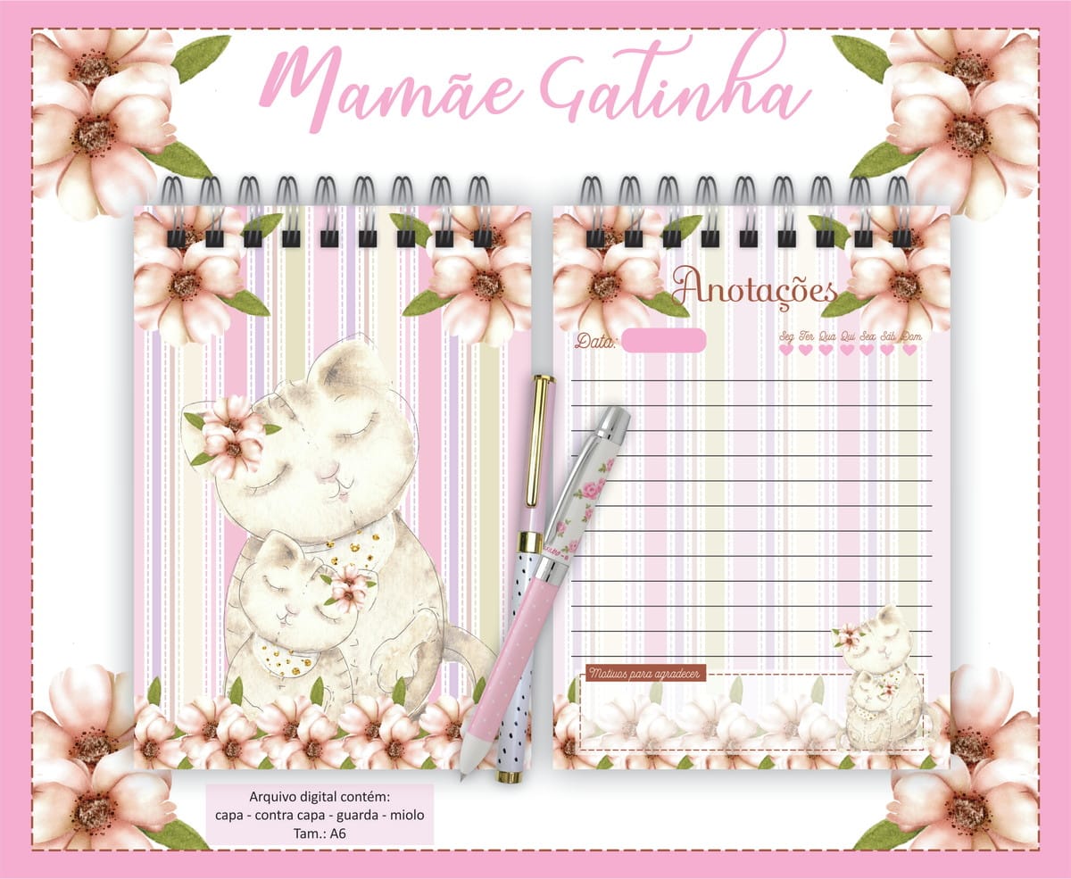 Kit Digital Bloquinho Mamãe Gatinha para Criar Cadernetas 1 Kit Digital Bloquinho Mamãe Gatinha para Criar Cadernetas