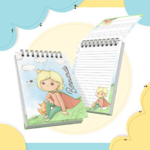 Caderno espiral com capa ilustrada de um menino loiro e uma raposa.