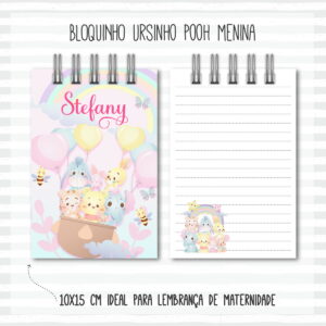 Caderno espiral personalizado com personagens de desenho infantil, balões, arco-íris e elementos decorativos delicados.