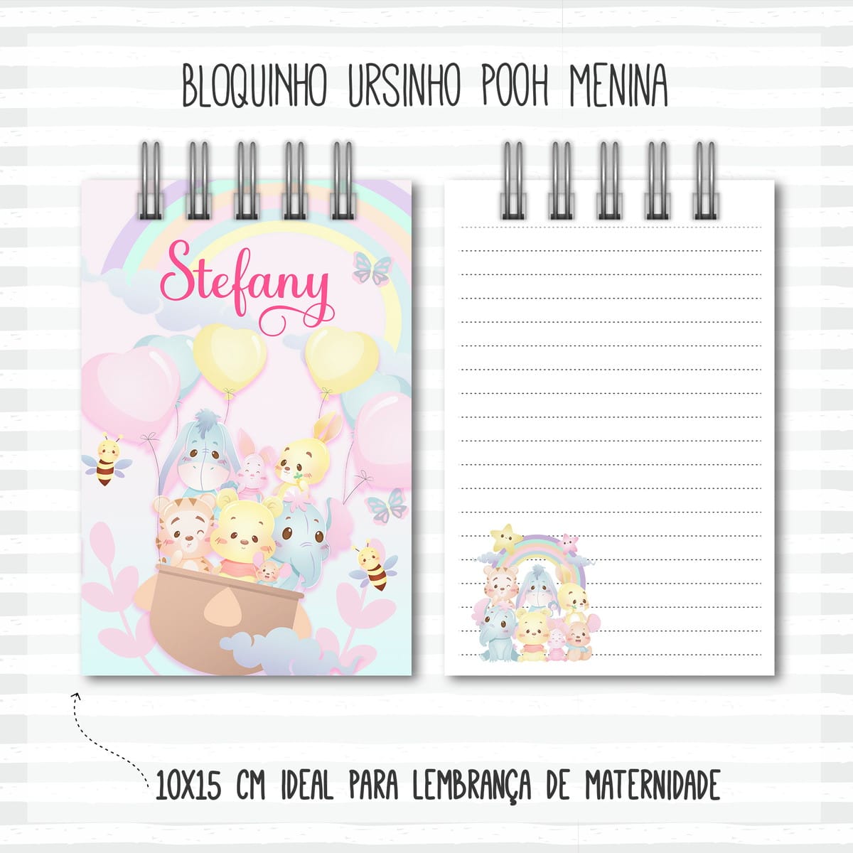 Bloquinho Pooh Menina 10x15 Arquivo Digital 1 Caderno espiral personalizado com personagens de desenho infantil, balões, arco-íris e elementos decorativos delicados.