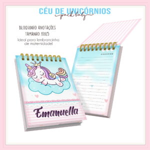 Dois blocos de anotações com estampa de unicórnio infantil em tons pastéis.