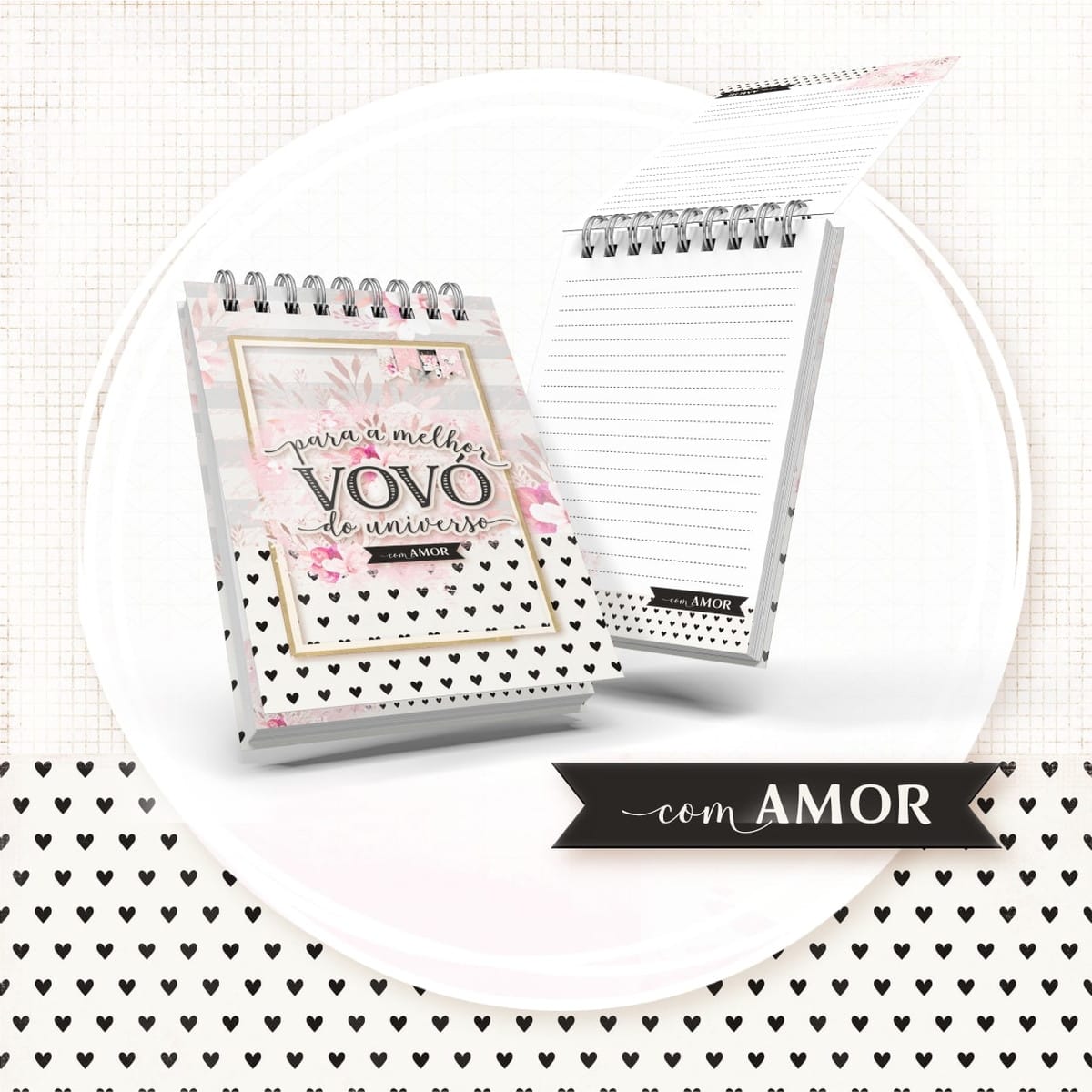 Bloquinhos Dia dos Avós Arquivo Digital para Sublimação 2 Dois blocos de notas espiralados com capa decorada e folhas pautadas.