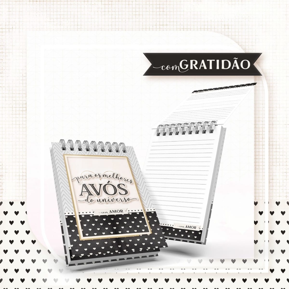 Bloquinhos Dia dos Avós Arquivo Digital para Sublimação 1 Dois pequenos blocos de notas com capa preta, branca e estampada de corações.