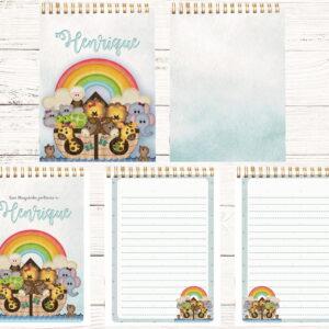 Conjunto de capas e folhas decoradas com tema de arca de animais.