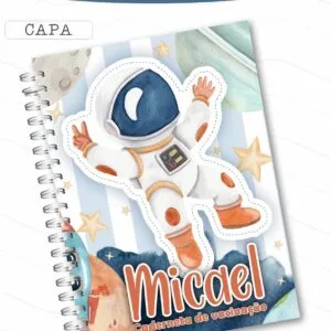 Capa de caderneta de vacinação com tema espacial e ilustração de astronauta em aquarela.
