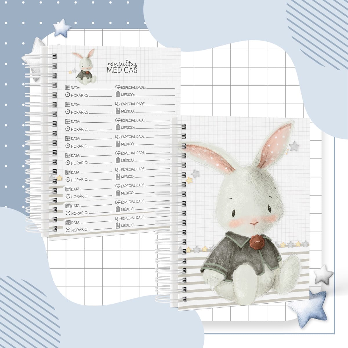 Caderneta de Saúde Coelhinho Menino Digital Personalizável 3 Agenda com ilustração de coelho e campos para anotação de consultas médicas.