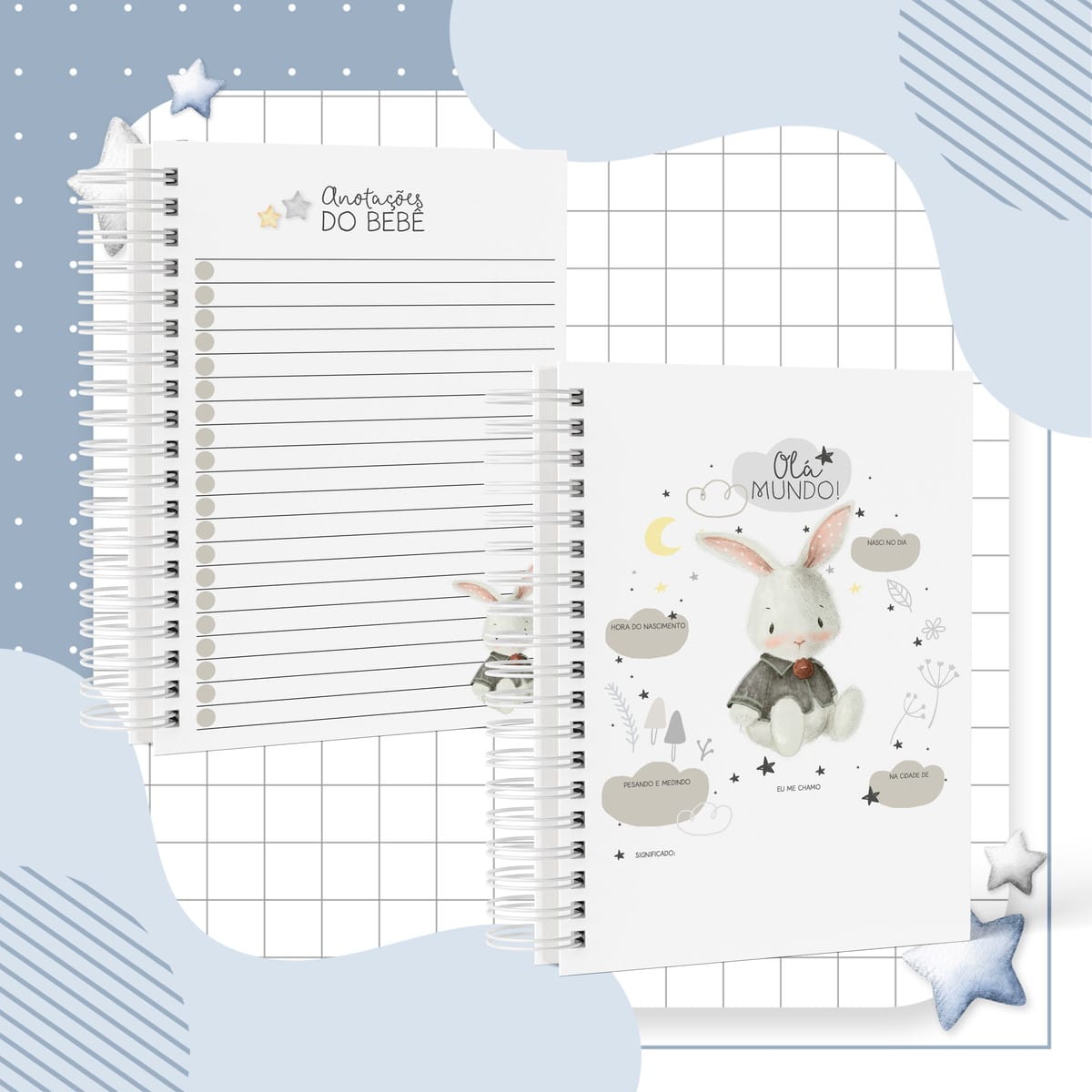 Caderneta de Saúde Coelhinho Menino Digital Personalizável 4 Duas páginas de caderno espiral com ilustrações de coelho e elementos infantis em tons suaves.