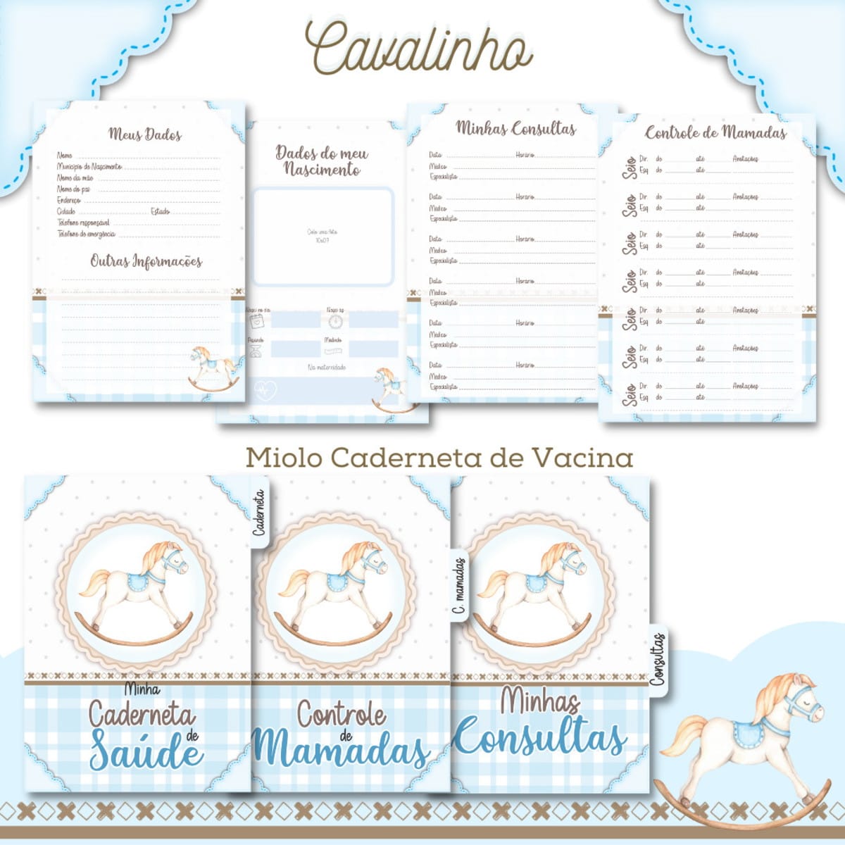 Caderneta de Saúde do Bebê Cavalinho para Imprimir 2 Conjunto de páginas digitais para caderneta de saúde com ilustração de cavalinho de balanço.