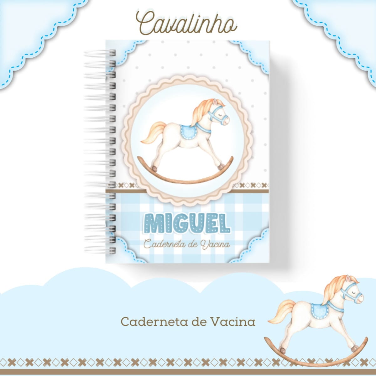 Caderneta de Saúde do Bebê Cavalinho para Imprimir 1 Caderneta de vacinação personalizada com desenho de cavalinho de balanço em tons azulados.