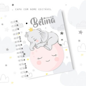 Caderno com espiral ilustrado com elefante dormindo sobre a lua.