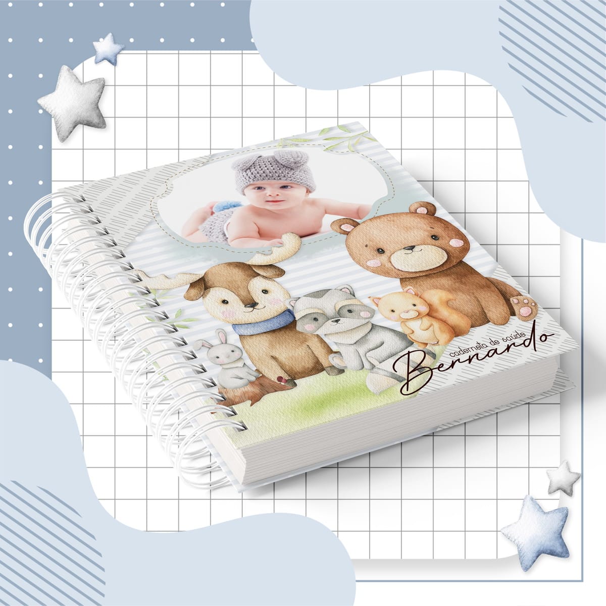 Caderneta de Saúde Infantil Tema Floresta para Menino 2 Design de capa digital para caderneta de saúde com bebê e animais da floresta em aquarela.