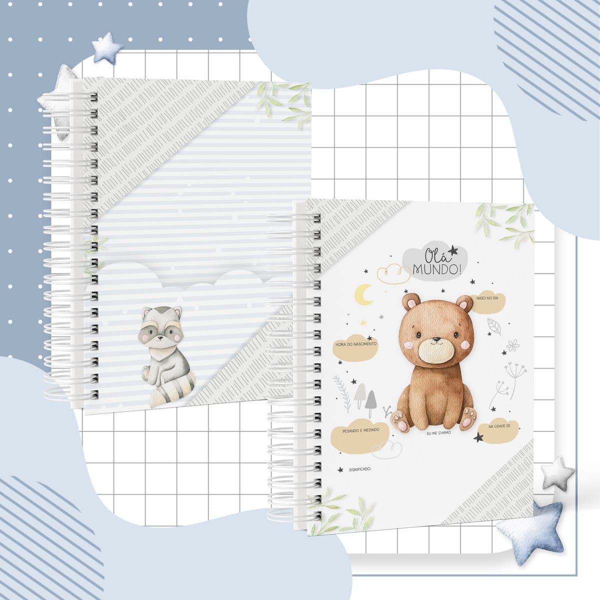 Caderneta de Saúde Infantil Tema Floresta para Menino 3 Duas artes digitais de capas de caderno infantil com guaxinim e urso, para dados de nascimento.