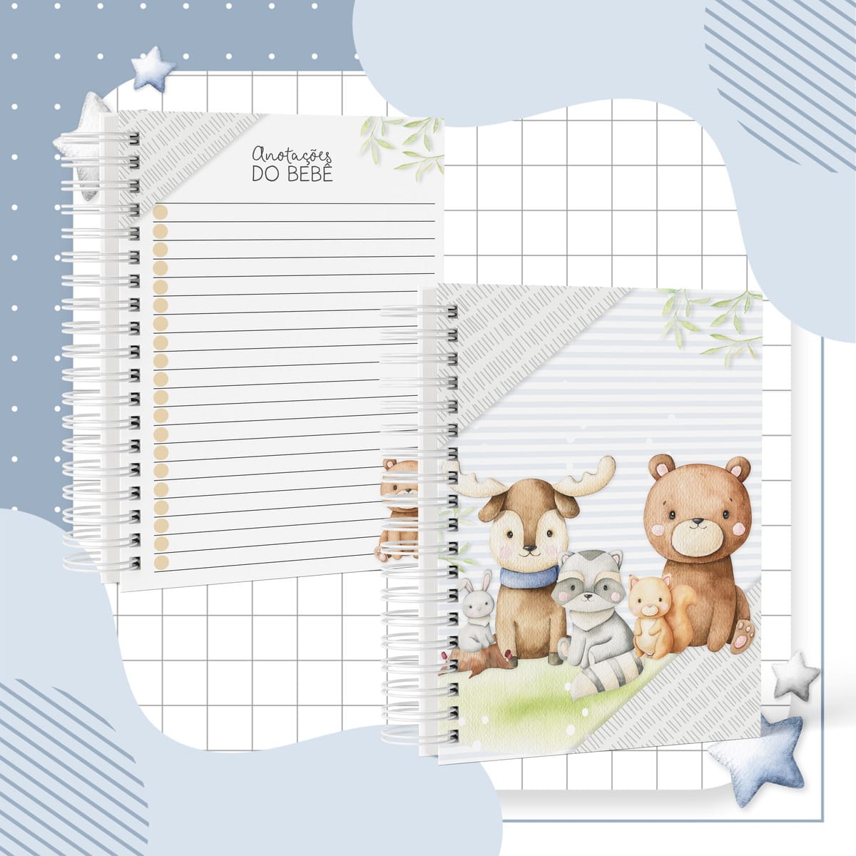 Caderneta de Saúde Infantil Tema Floresta para Menino 4 Arte digital de dois cadernos, um aberto com anotações e outro com capa de animais.