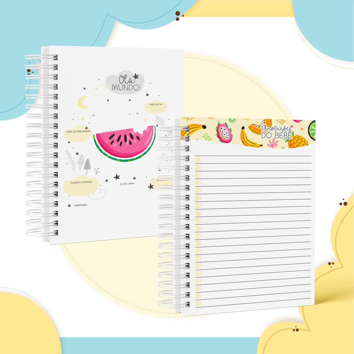 Caderneta de Saúde Frutinhas Digital para Imprimir 2 Dois cadernos de espiral com capas ilustradas com frutas e textos infantis.