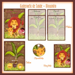Kit de papelaria personalizada com temática de leão e animais da selva infantil.