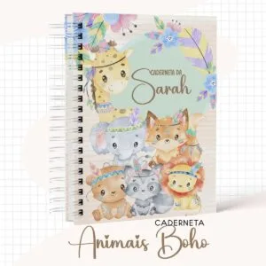Caderneta de Vacina Animais Boho 23 Caderno espiral personalizado com ilustrações de animais em estilo aquarela e tema boho.