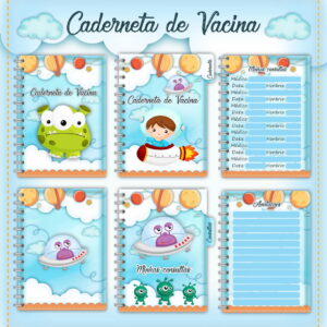 Caderneta de Vacina Astronauta Digital para Imprimir 11 Arte digital de cadernetas de vacina com temas espaciais e personagens infantis.