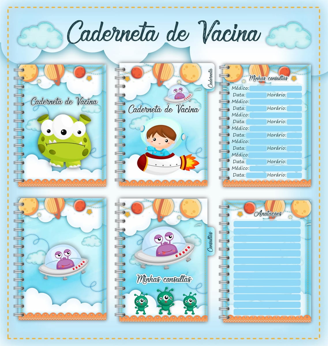 Caderneta de Vacina Astronauta Digital para Imprimir 1 Arte digital de cadernetas de vacina com temas espaciais e personagens infantis.