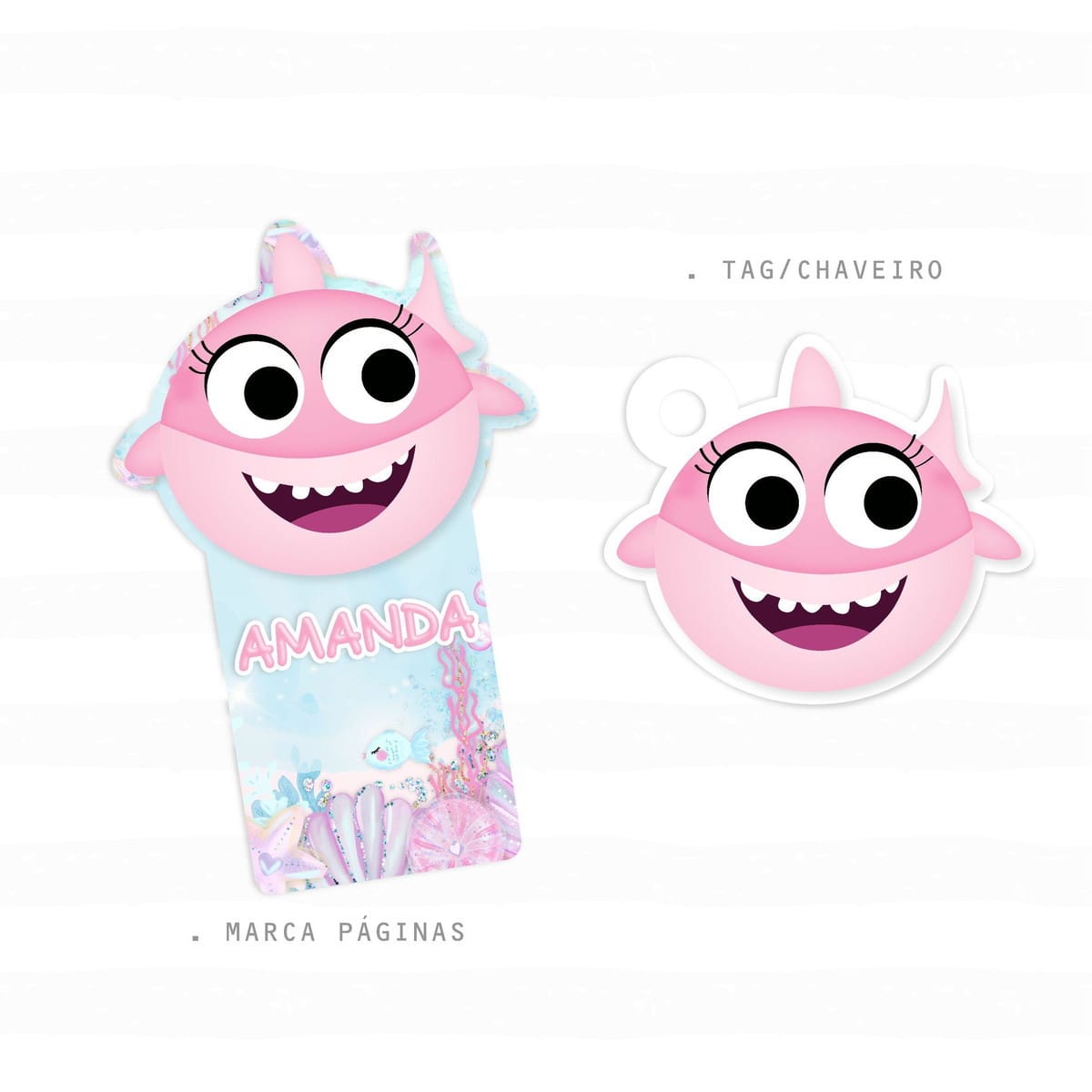 Caderneta de Vacina Baby Shark Menina em PDF para Imprimir 3 Arte digital de marca páginas e tag no formato de tubarão rosa.