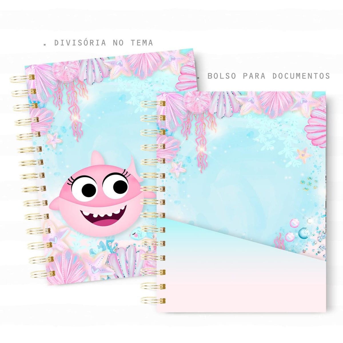 Caderneta de Vacina Baby Shark Menina em PDF para Imprimir 1 Dois cadernos espiralados com estampa temática do fundo do mar e tubarão rosa.