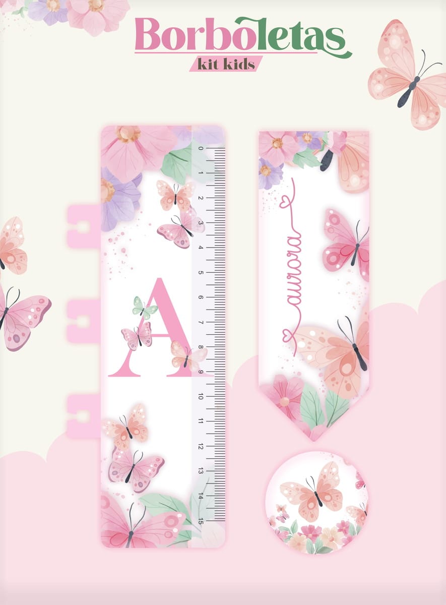 Caderneta de Vacina Digital Borboleta para Personalizar 3 Arte digital com tema de borboletas e flores, incluindo régua, marcador e círculo.