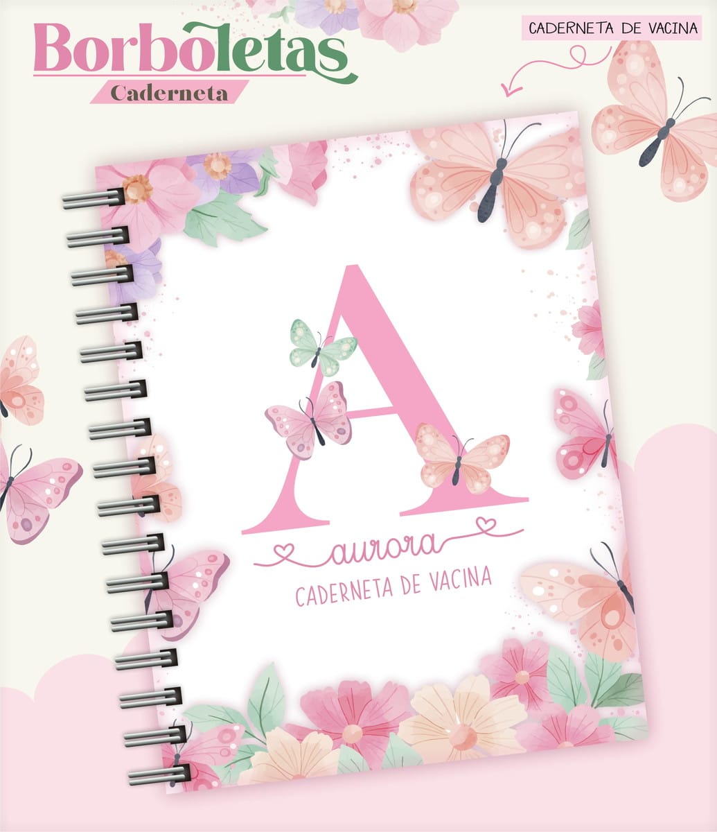 Caderneta de Vacina Digital Borboleta para Personalizar 1 Arte digital de capa de caderneta de vacina com borboletas, flores e letra A.