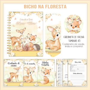 Caderneta de Vacina Digital Bichos da Floresta 16 Coleção de artes digitais para caderneta de saúde com ilustrações de animais da floresta.