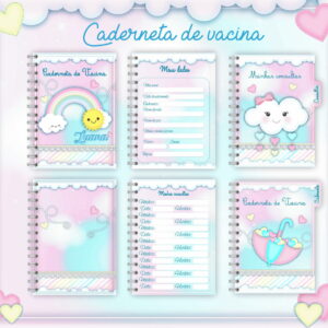 Apresentação de páginas decoradas para caderneta de vacinação infantil com ilustrações fofas.