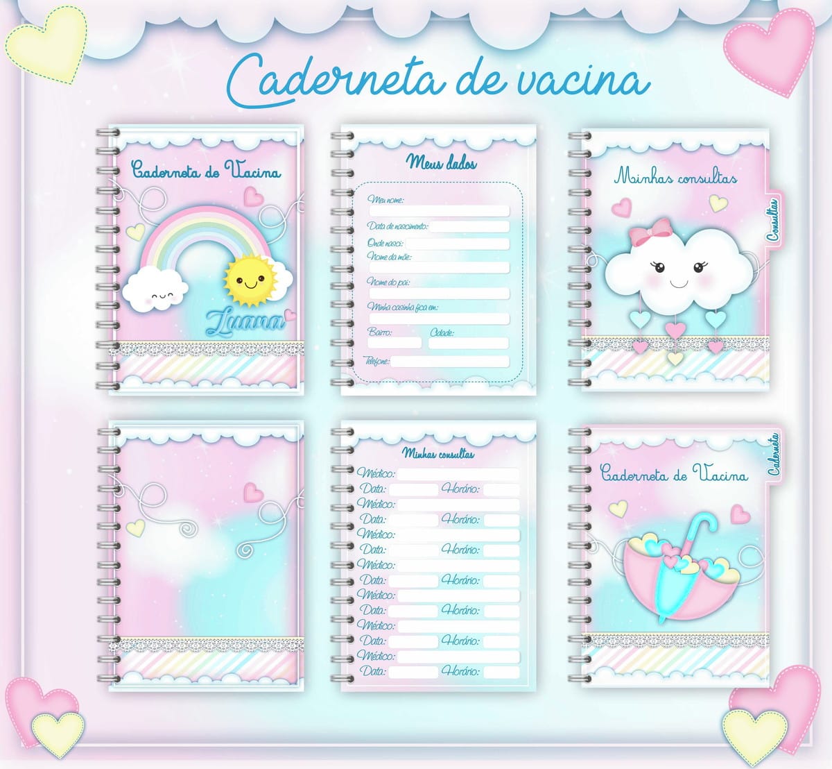 Caderneta de Vacina Digital Tema Chuva de Amor 1 Apresentação de páginas decoradas para caderneta de vacinação infantil com ilustrações fofas.