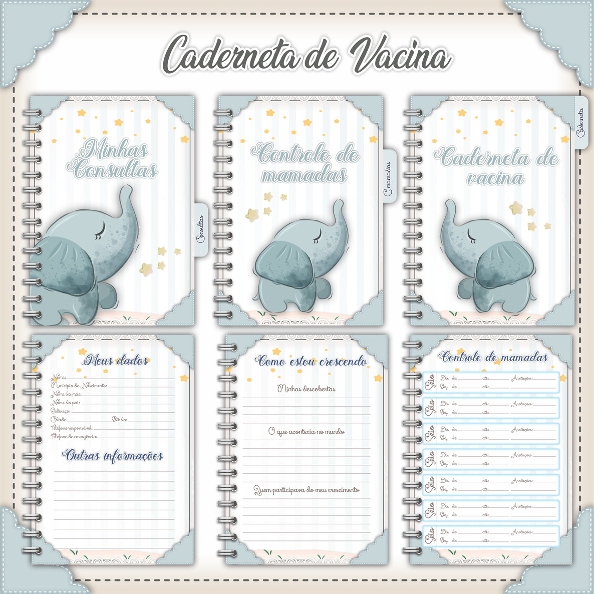 Caderneta de Vacina Digital Elefantinho Cinza Personalizável 1 Caderneta de Vacina Digital Elefantinho Cinza Personalizável