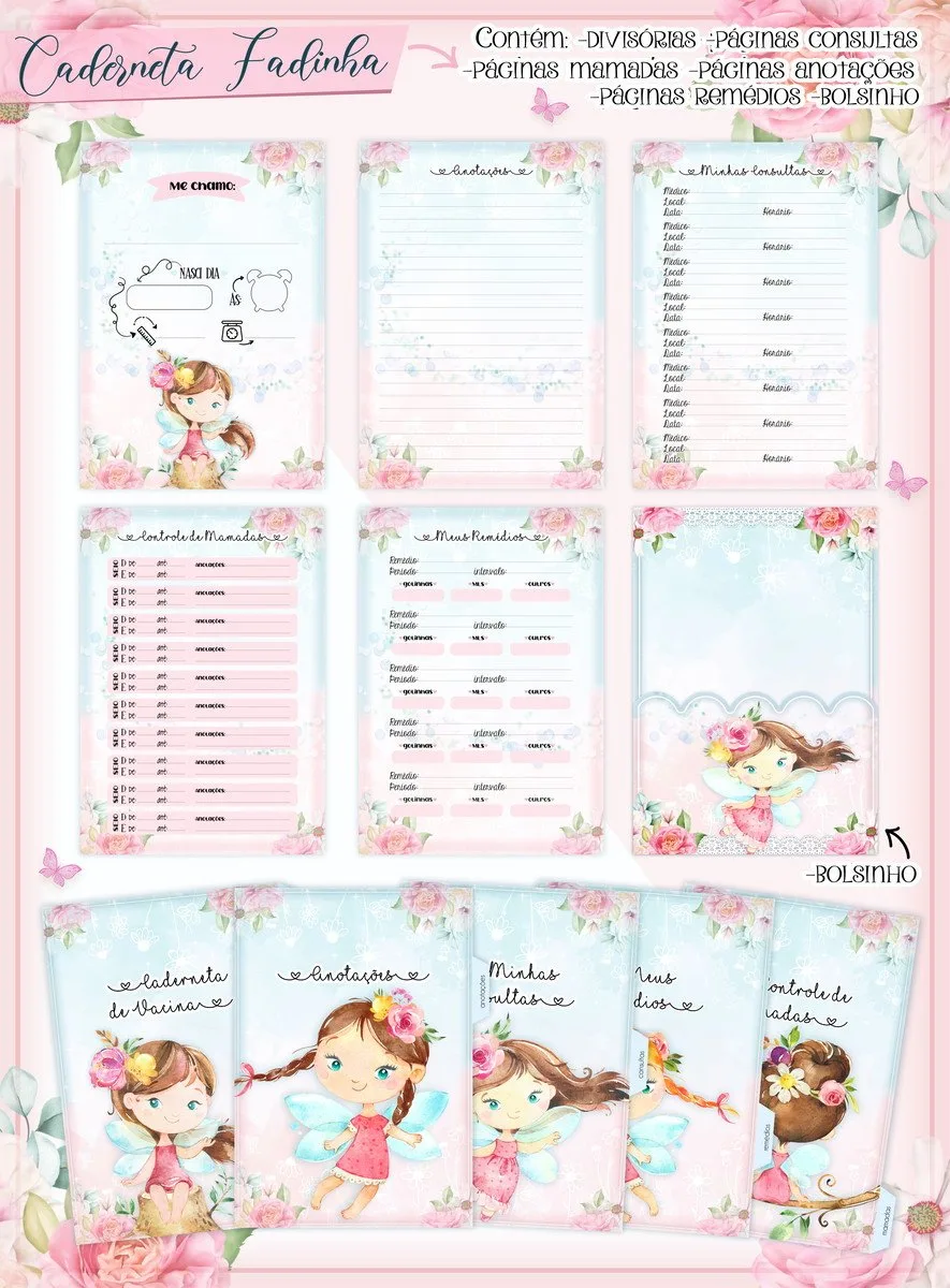 Caderneta de Vacina Fadinha Aquarela 2 Coleção de artes digitais para caderneta infantil com tema de fada e flores.