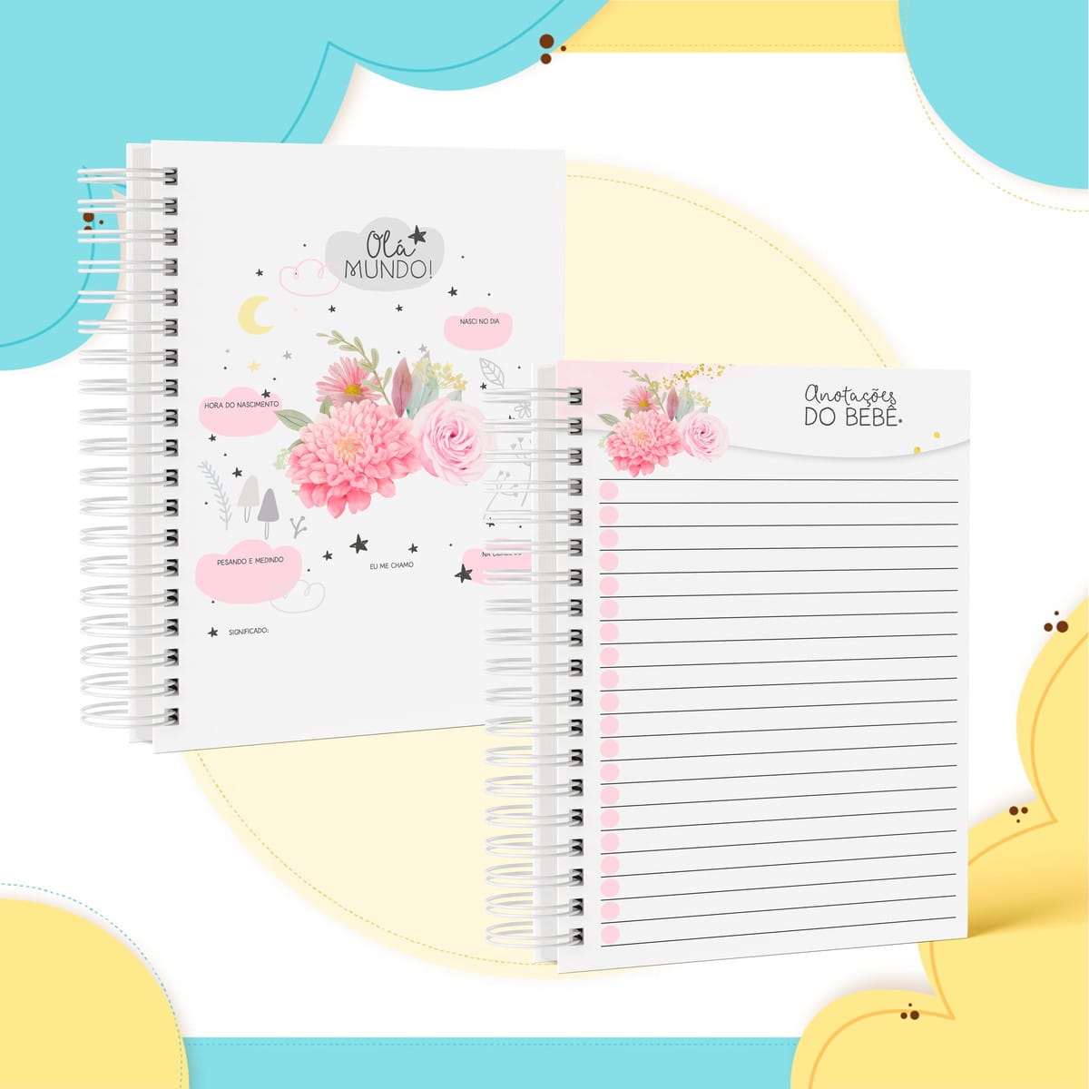 Caderneta de Vacina Digital Menina Floral Personalizável 2 Arte digital de um diário de bebê com capa e página de anotações abertas.