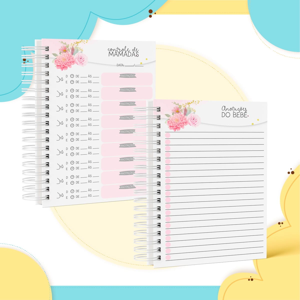 Caderneta de Vacina Digital Menina Floral Personalizável 4 Dois planners digitais abertos com controle de mamadas e anotações do bebê, design floral.