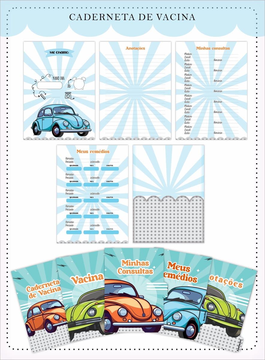 Caderneta de Vacina Fusca Arquivo Digital Personalizável 2 Paginas internas e capas de caderneta de vacina infantil com tema de carros antigos