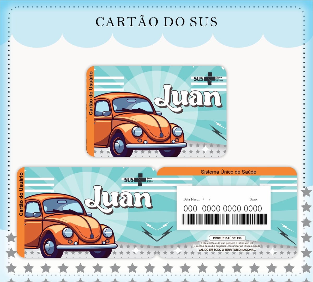 Caderneta de Vacina Fusca Arquivo Digital Personalizável 3 Arte digital de cartão do usuário com tema de carro laranja antigo.