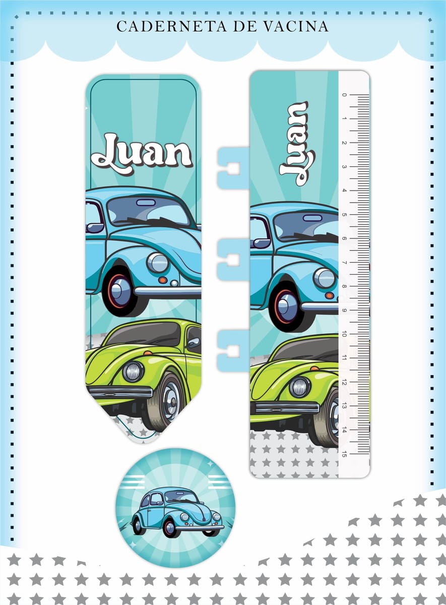 Caderneta de Vacina Fusca Arquivo Digital Personalizável 4 Arte digital com tema de carros antigos nas cores azul e verde