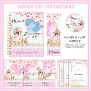 Arte digital de caderneta infantil com passarinhos e flores de cerejeira.