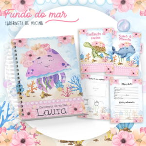 Arte digital de caderneta de vacina com tema fundo do mar e flores.