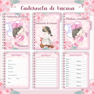 Seis páginas de caderneta de vacinação infantil com decoração de flores e meninas.