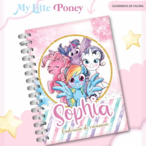 Caderno espiral personalizado com desenhos de pôneis coloridos em fundo rosa e estrelas.