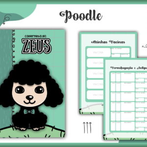 Caderno de anotações personalizado com ilustração de cachorro preto e páginas internas de controle.