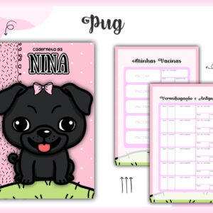 Caderneta de Vacina Pug Preta Digital Personalizada 14 Capa e páginas internas de caderneta com ilustração de cachorro pug preto e fundo rosa.