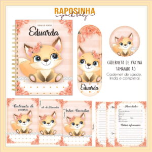 Caderneta de Vacina Raposinha Digital Personalizável 13 Conjunto de arte digital de caderneta de vacina infantil com tema de raposa